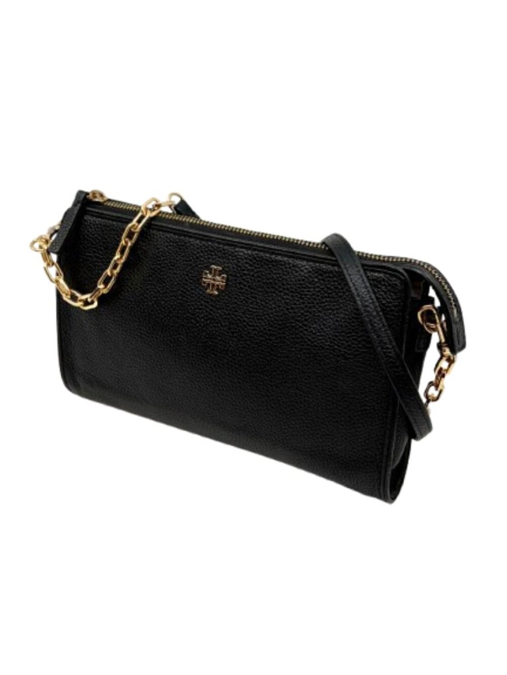 TORY BURCH~Mercer~BLACK PEBBLED LEATHER ZIP TOP CROSSBODY BAG